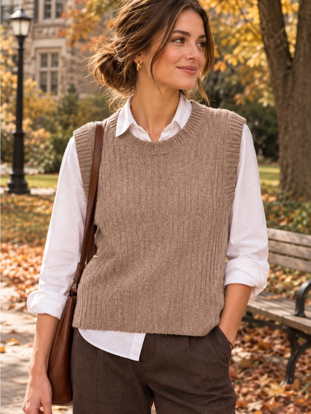 Ribbed Knit Sweater Vest Women’s Large Fall Capsule Academia Neutral Beige Taupe